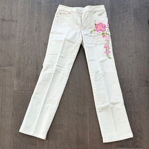Escada White Jeans with Pink Floral Embroidery